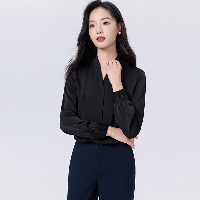 Black V-Neck Long Sleeve Women's Shirt - Petite Professional Interview Wear for Spring and Autumn