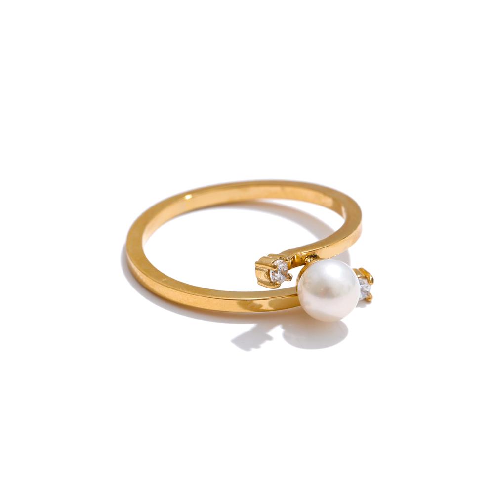 Yhpup 6789# Natural Pearl Chic Fashion Finger Ring 2025 Zirconia 18K Gold Color PVD Plated Stainless Steel Premium Jewelry Gift