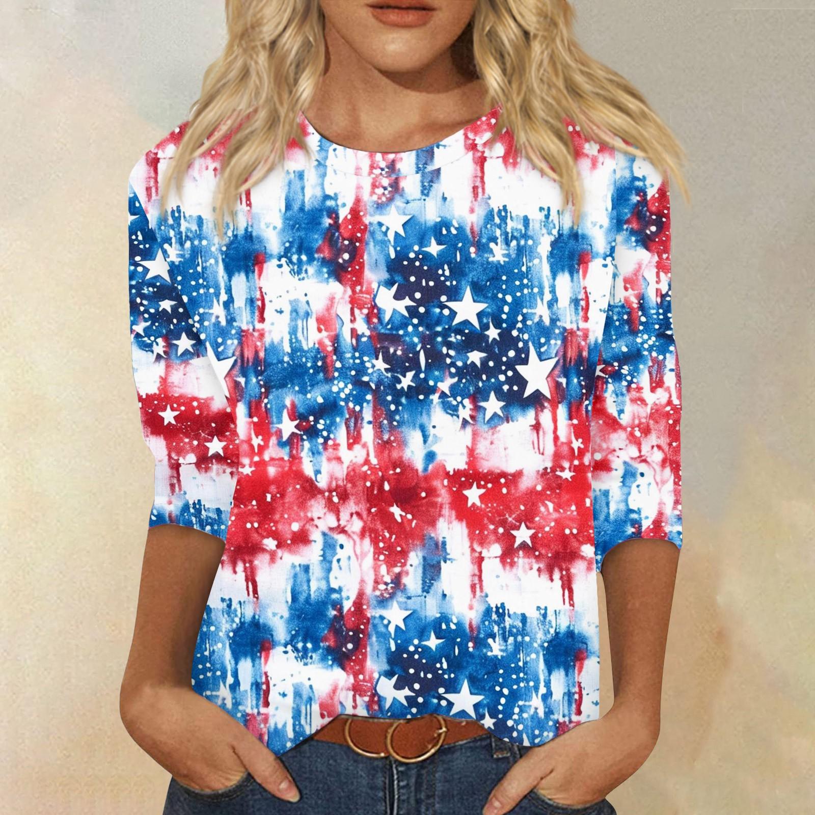 

Женский модный повседневный топ с круглым вырезом с рукавом три четверти и принтом ко Дню независимости L