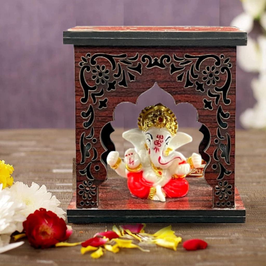 Ganesha Idol With Wooden Temple for Home Mandir, Car Dashboard, Gift Items (Ganesha Temple 2), Religious