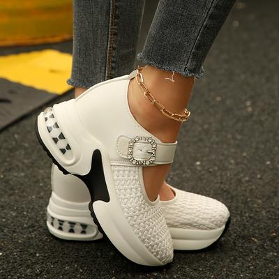 Women's Rhinestone-Adorned Platform Wedge Sneakers-Faux Cover Slip-Resistant Thick Sole,Comfortable Height-Increasing Shoes and Sparkling Buckle