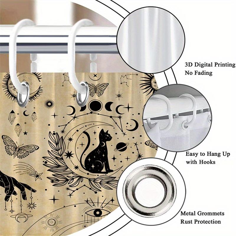 1Pc Black Cat Silhouette Crescent Moon Zodiac Wheel Astrology Pattern Shower Curtain Polyester Fabric Machine Washable