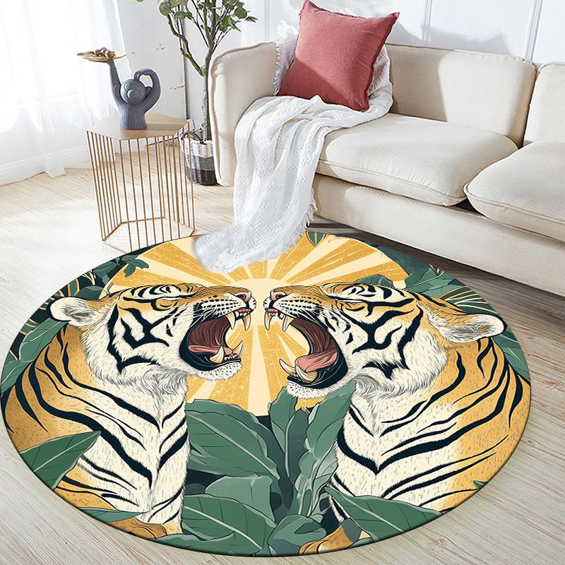 Leaf Tiger,Round Area Rug,Carpet Rug for Living Room Bedroom Sofa Playroom Decor,Non-slip Floor Mat
