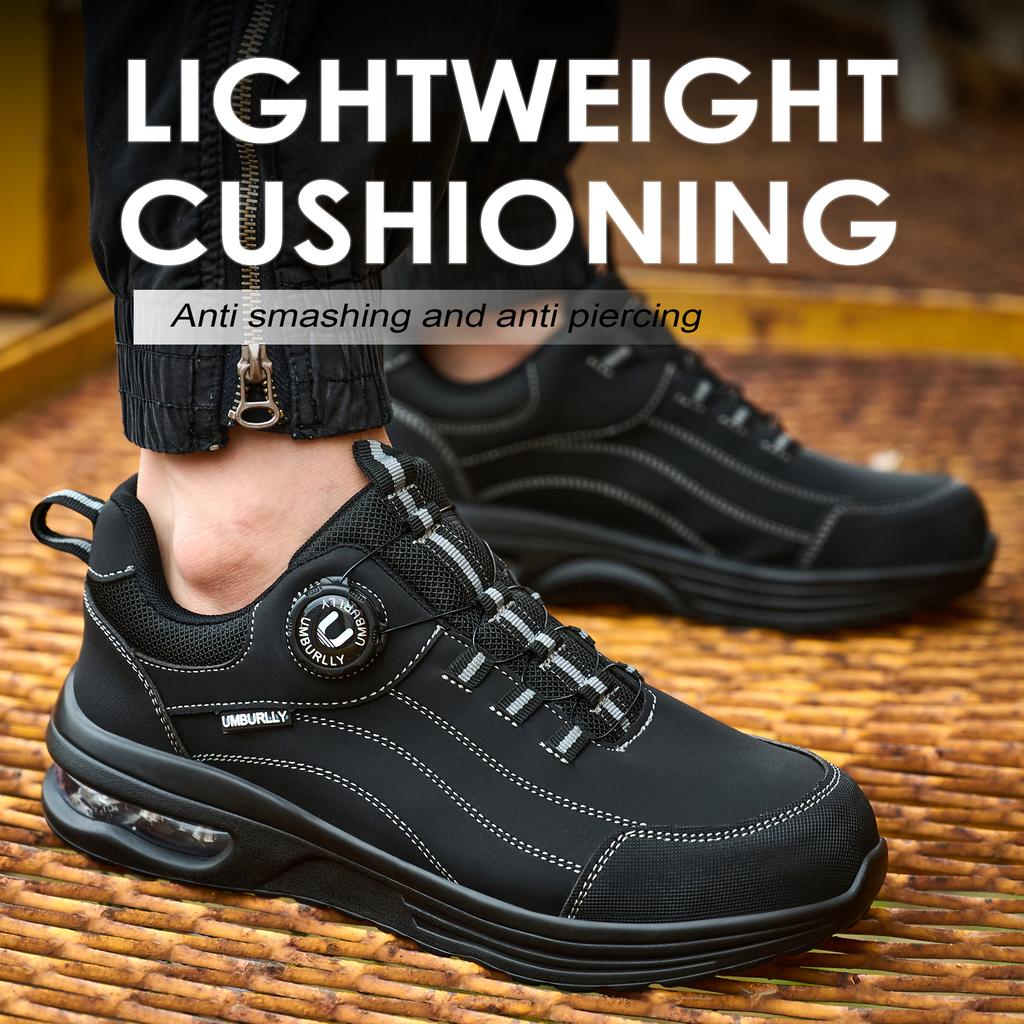 Men's Safety Work Boots Steel Toe Puncture Resistant Kevlar Midsole Air Cushion Black Button Style Industrial Construction Shoes