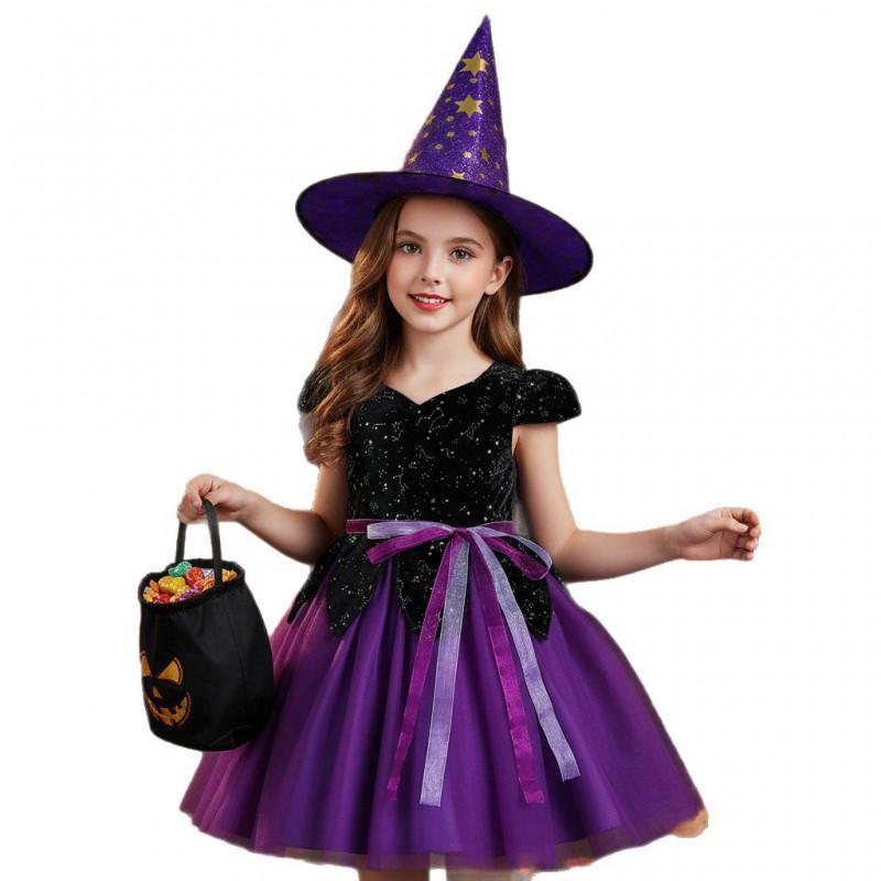 Halloween Costume Girls Witch Cosplay Dress Princess Gown With Hat Toddler Kids Party Outfit