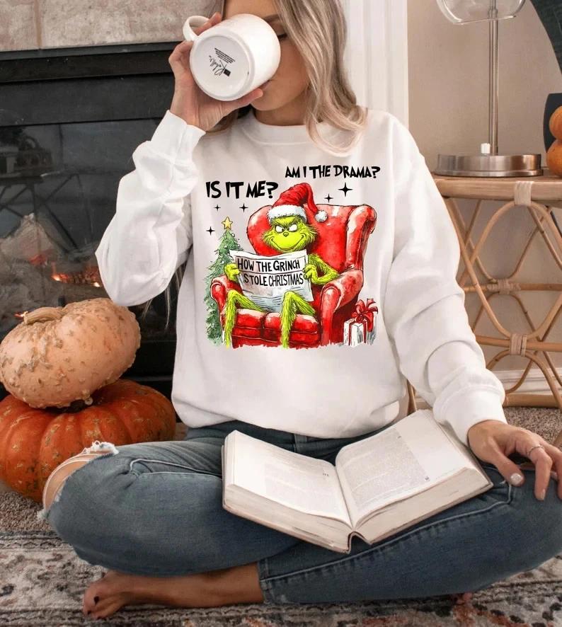 Grinch Sweatshirt – Funny “Am I the Drama” Christmas Shirt, Grinchy Holiday Tee 4XL