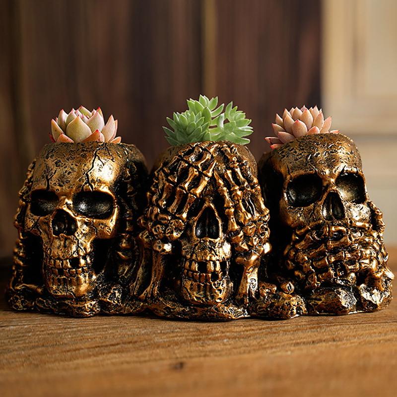 Skull Shaped Flower Pot Halloween Skull Pen Pencil Holder Skeleton Key Holder Makeup Brush Holder Home Office Desk Supplies