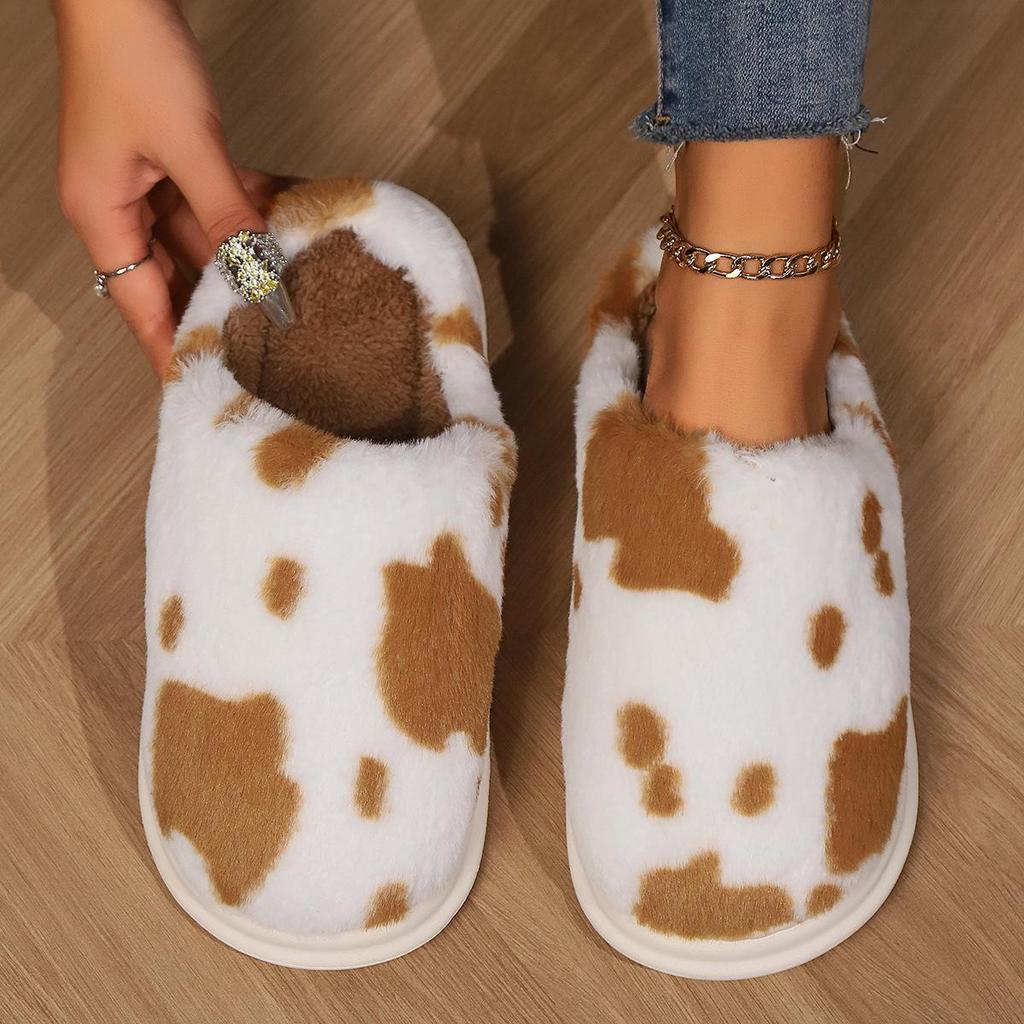 Cartoon Cow Furry Slippers with Thickened Heel, Warm Non-Slip Indoor Winter Clogs