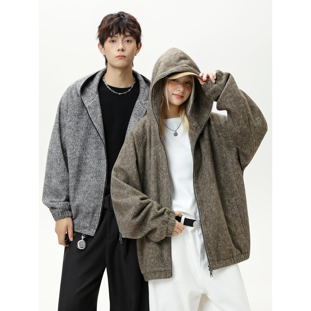 Textured Mohair Silhouette Hooded Jacket Couple Autumn and Winter Retro Lazy Style Thick Cardigan Sweater Jacket
