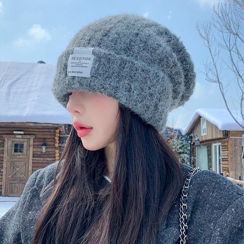 Big Head Circumference Wool Hat Women's Autumn and Winter Loose Warm Plush Pile Hat Showing Face Small Knitted Hat Winter Hat