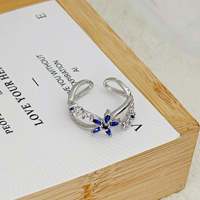 Light Luxury Full Diamond Sea Blue Zircon High-End Open Ring Gypsy Star Niche Design Butterfly Personalized Index Finger Ring Female