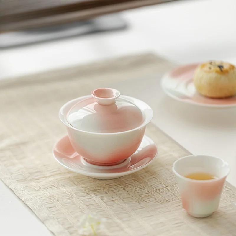130ml Grapefruit Jasmine Ceramic Sancai Gaiwan Aesthetic Gradual Color Tea Tureen Tea Maker Cover Bowl Tea Ceremony Decoration