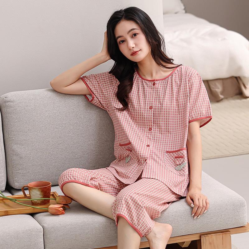 Pajamas Women's Summer Pure Cotton Short-sleeved Seven-quarter-sleeved Middle-aged Mother Floral Nine-point Pants Summer Cotton Loungewear Set