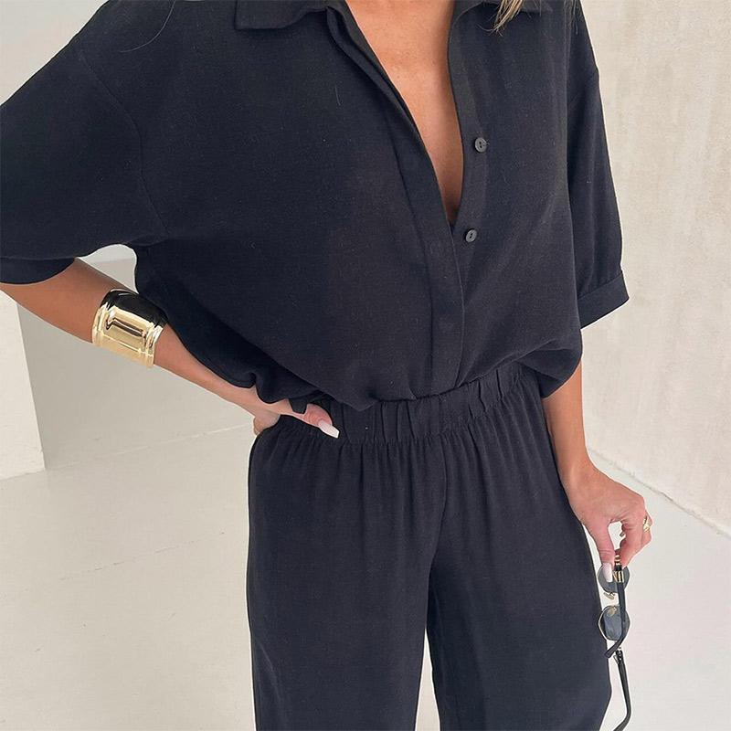Women's Mid Sleeved Shirt and Wide Leg Pants Set with Solid Color Ruffle Decoration Women's Summer Set with Daily Casual Style Clothes