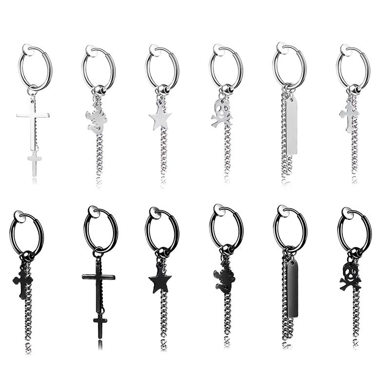 Punk Stainless Steel Chain Hoop Earrings Unisex Goth Pop Hip Hop Pendants Fashion Ear Jewelry Accessories