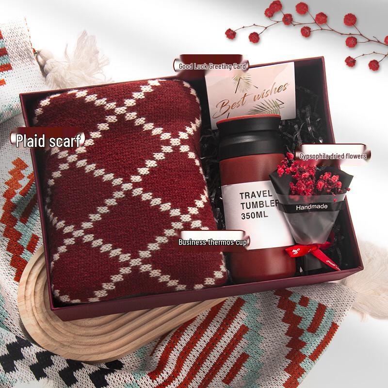 

New Year Warmth Gift Set with Scarf & Thermos Mug Scarf + Thermos Mug + Bouquet + Gift Box