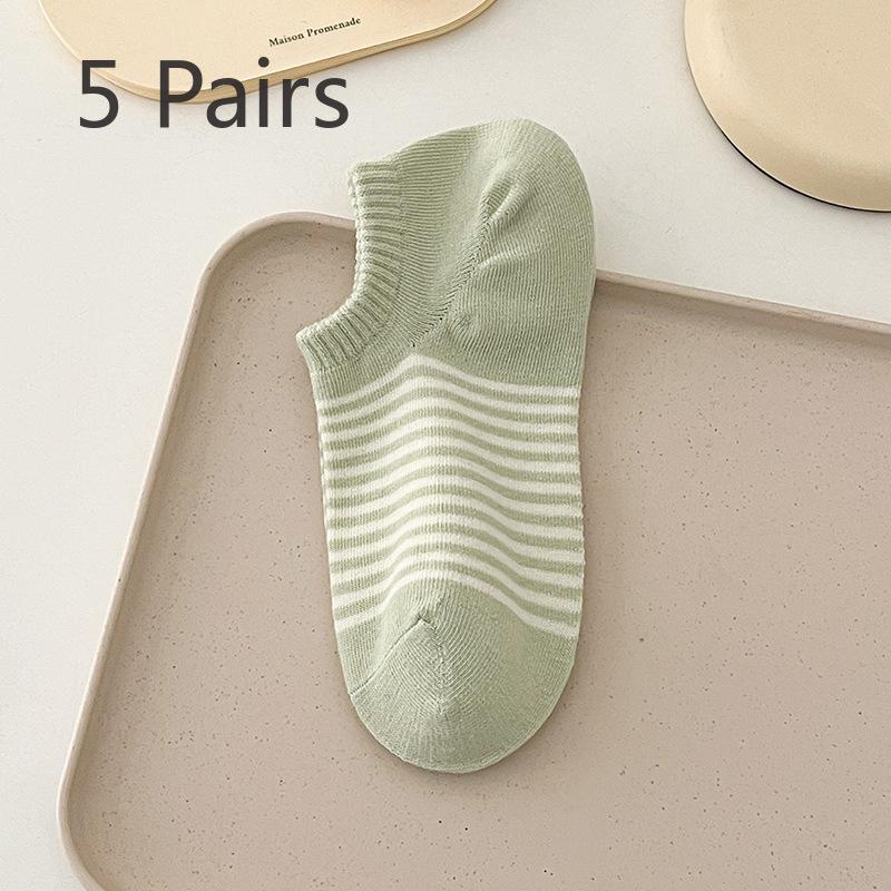 5 Pairs of Women's Spring and Summer Style Pinstripes with Light Mouth Cotton Boat Socks