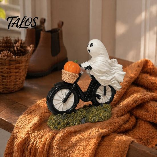 Small Ghost Figurine with Pumpkins Halloween Riding Motorcycle Figurine, Novelty Rider Resin Decor Statue Pumpkin for Indoor Home Desk Tabletop