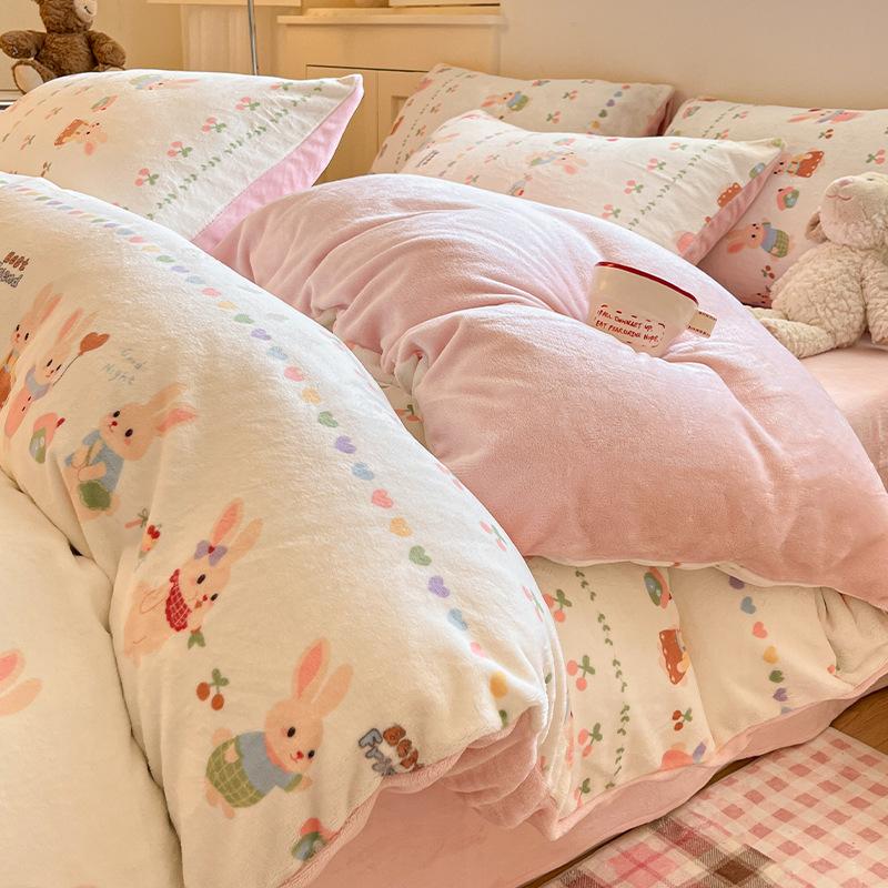 Thickened Milk Fleece Four-Piece Set, Coral Fleece Bed Sheet Quilt Cover, Fleece Three-Piece Set, Bedding.