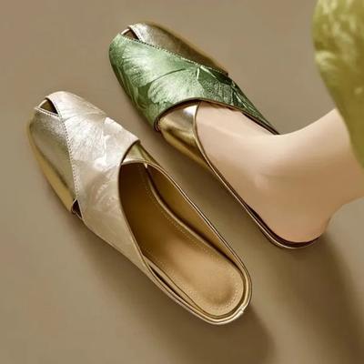 Women's Baotou Half Slippers Summer Soft Leather Printing Color Blocking Square Head Hollow Flat Slippers