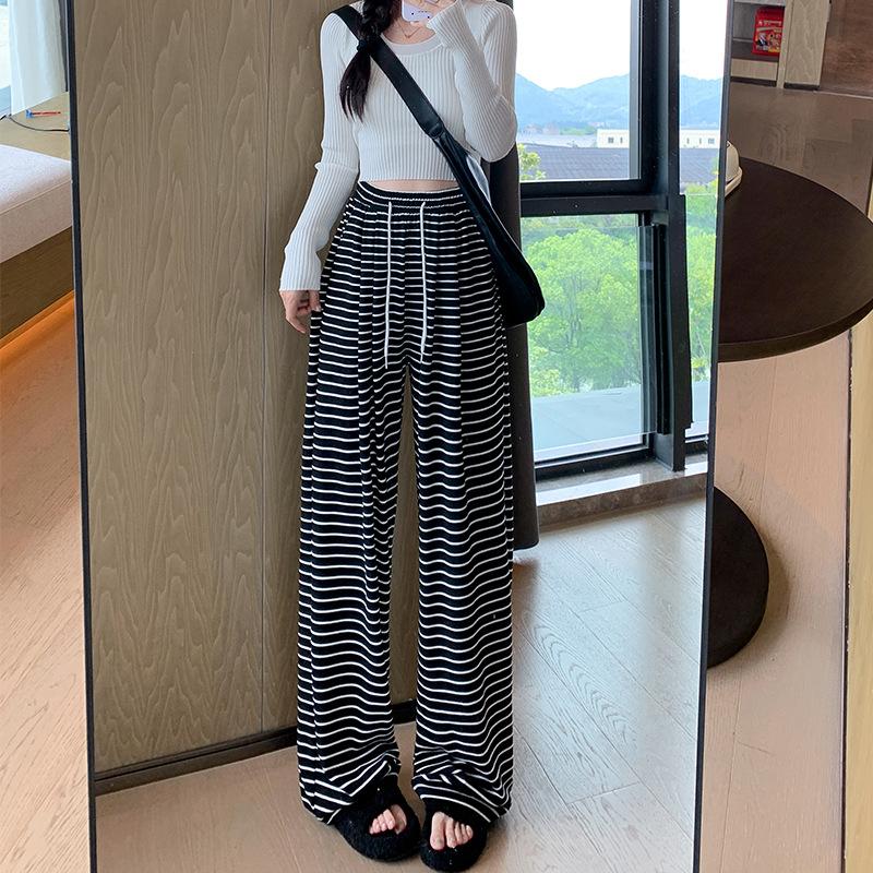 Striped Glutinous Rice Pants for Women In Autumn and Winter Style, High Waist, Slimming, Draped Wide-leg Straight Floor-moving Casual Trousers