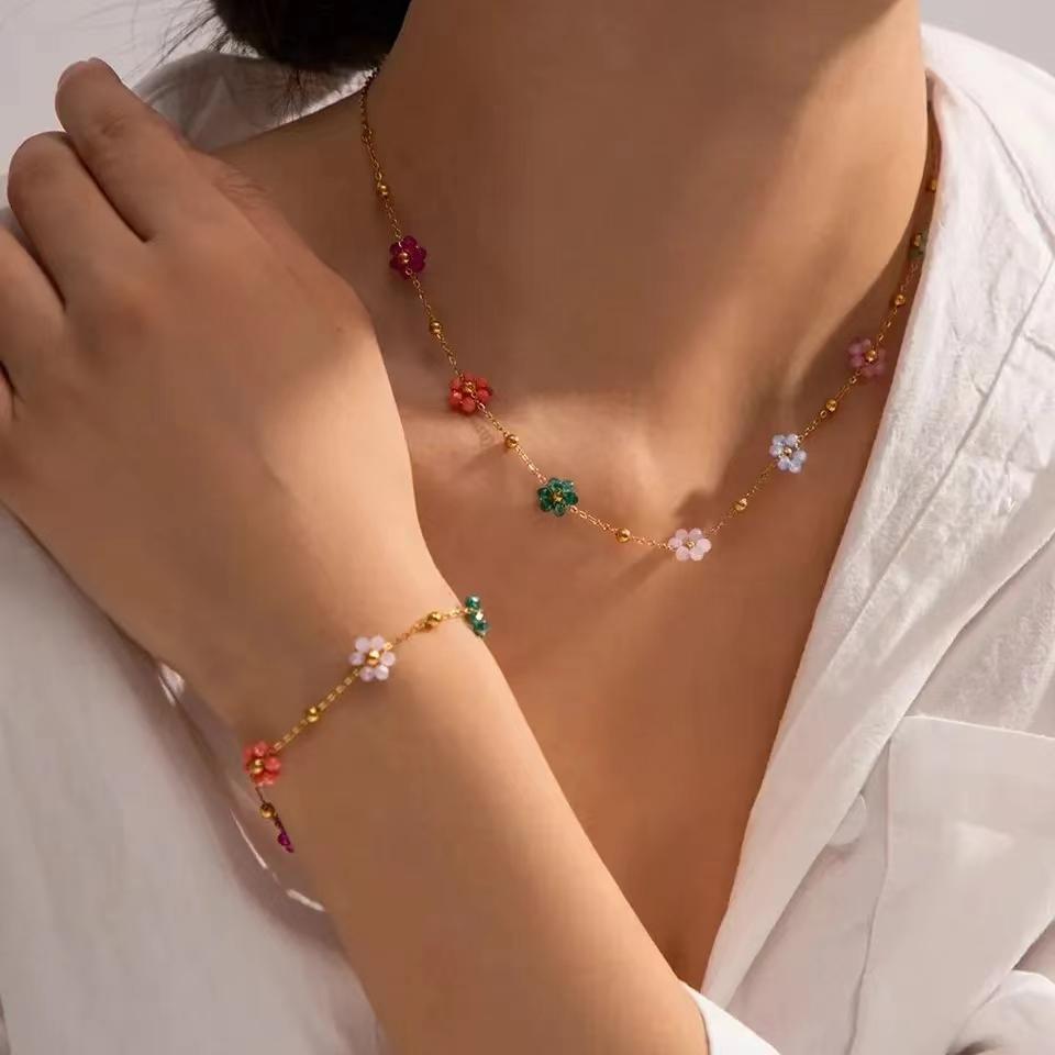 Colorful Flower Chain Stainless Steel Necklace Bracelet Set Plating Waterproof Zircon For Ins Exquisite Zircon
