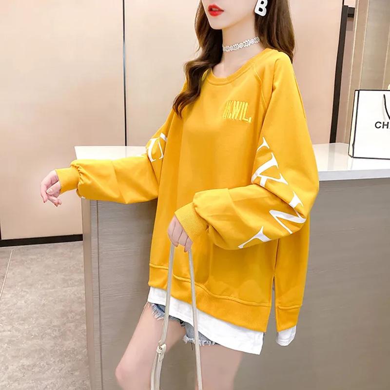 

Хлопковый свитшот, женский осенне-весенний свободный свитшот большого размера средней длины с круглым вырезом, повседневные универсальные топы с длинными рукавами M