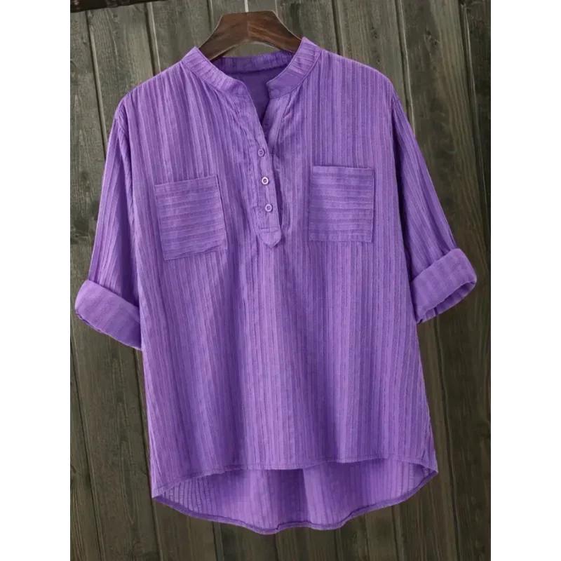 Plus Size Shirts Women's Cotton Tops Mujer Office Long Sleeve New Korean Loose Casual Vertical V-neck Shirts Top Blusas De Mujer