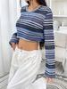 Women's Long Sleeve Round Neck Multicolor Striped Crop Top with Hollow Design