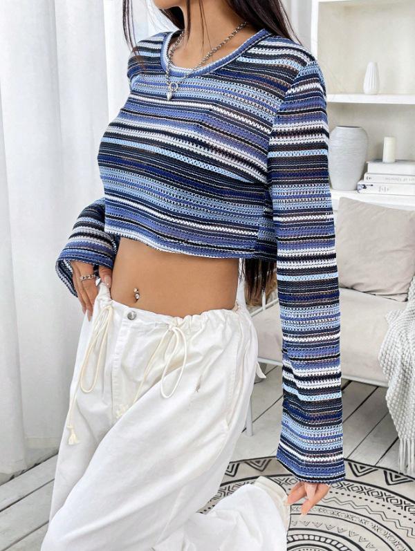 Women's Long Sleeve Round Neck Multicolor Striped Crop Top with Hollow Design