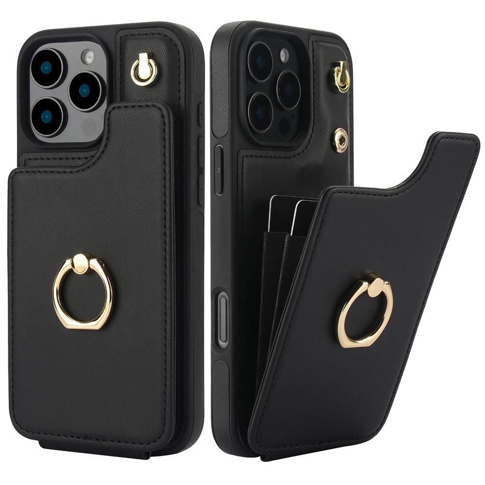 

For iPhone 16 Pro Case Card Holder Kickstand PU+TPU Phone Cover with Shoulder Strap Black