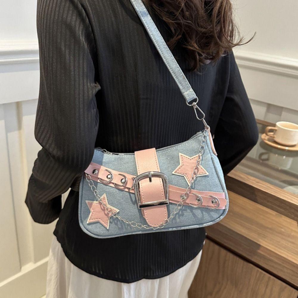 Tote Bag Y2k Underarm Bag Star Pattern Denim Tote Bag Vintage Korean Style Shoulder Bag Outdoor