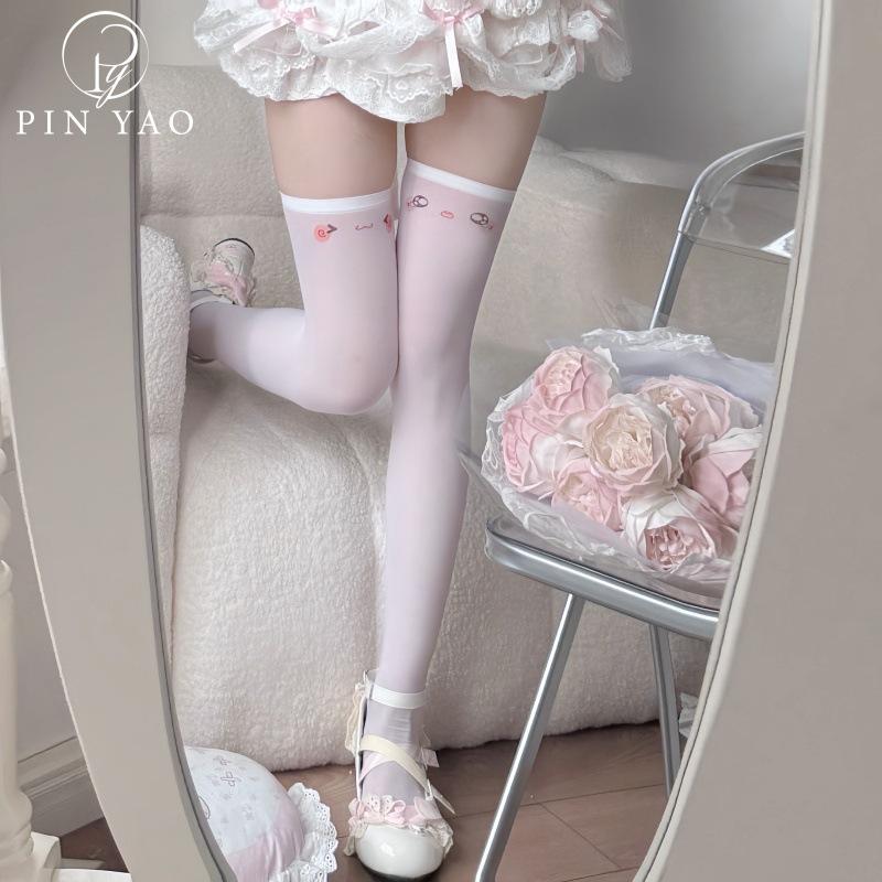 Japanese Pure Desire Two-Dimensional Sweetheart Kaomoji Cute Print Subculture Knee Socks Classic Stockings White Stockings Jk