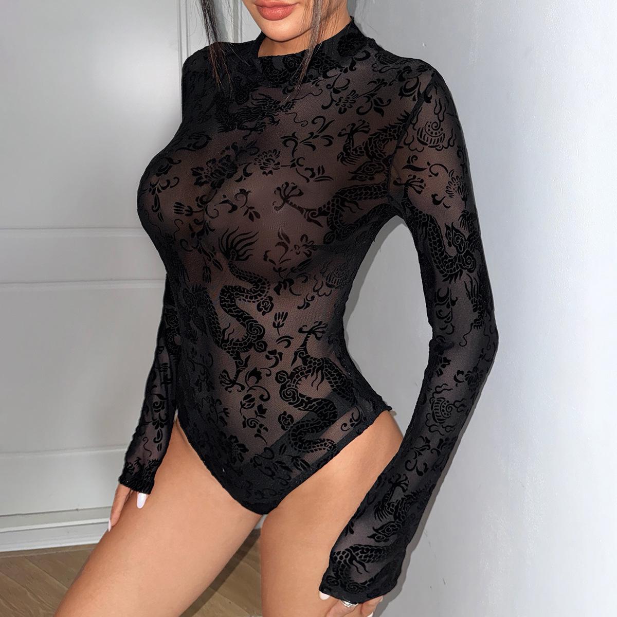 

Сексуальное боди с длинным рукавом, облегающего кроя, с принтом из кружева и сетки 10804