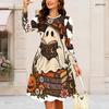 Women Plus Size Round Neck Long Sleeve Swing Dress Cowboy Skeleton Pumpkin Floral Print Halloween Casual Midi Dress