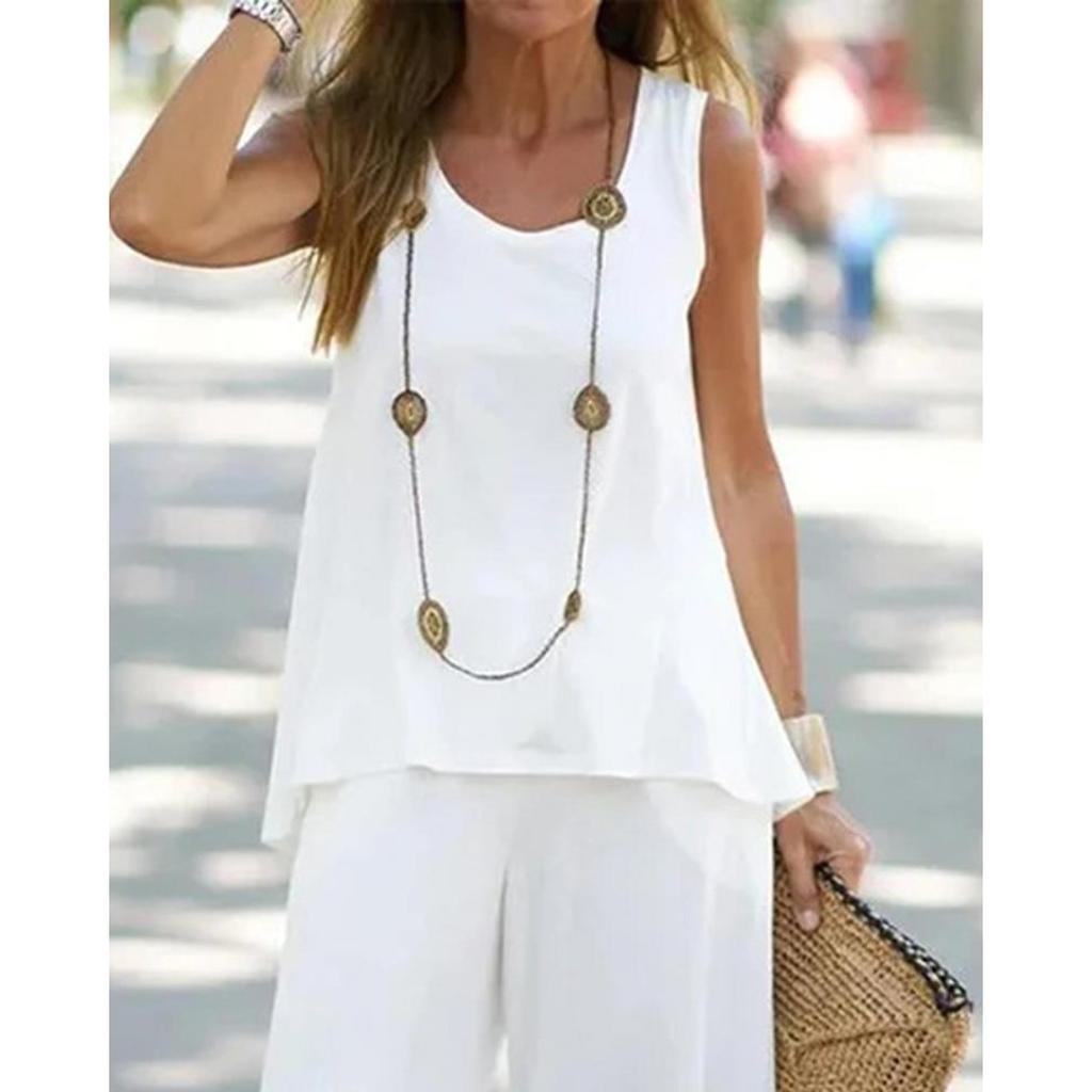 Loose Casual Suit, Women's Printed Sleeveless Top, Elastic Waist, High Waisted Pants, Two-piece Set