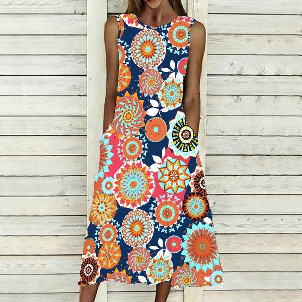Ladies Plus Size Sleeveless Crew Neck Dress Delicate Mini Floral Flowy Mid Length Gown