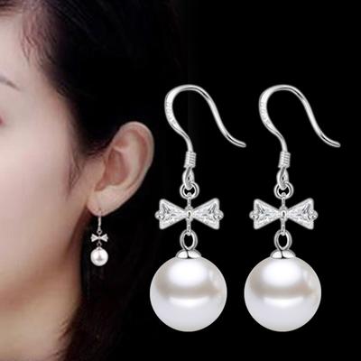 Fashion Korean Style Silver Plated Women Bow Tassel Long Pearl Eardrop Earrings Women's Ear Clips