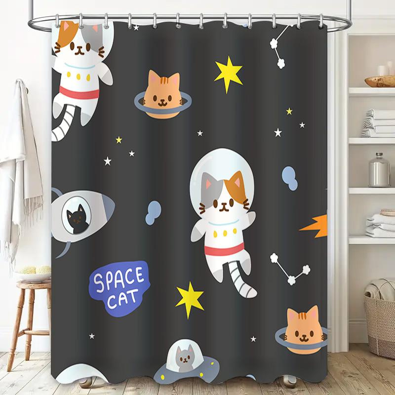 Süßer Weltraumkatzen-Duschvorhang Kosmische Kätzchen Badezimmerdeko Astronautenkatzen-Druck Schwarzer Hintergrund Mit Sternen Perfekt Für Kinderzimmer