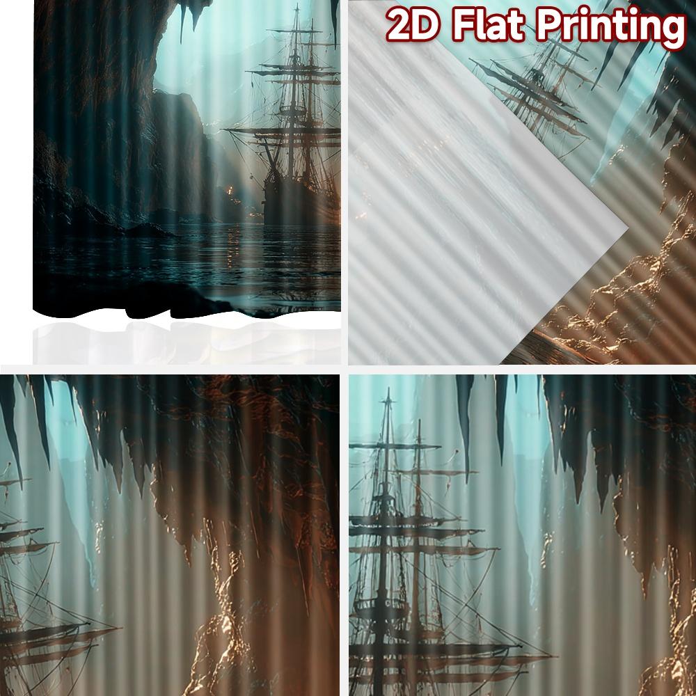 2D flat printing 2pcs Drapes Cave Ship Foggy Ocean Digital Printed Polyester Drapes Party Decorations Perfect for Photo Booths &