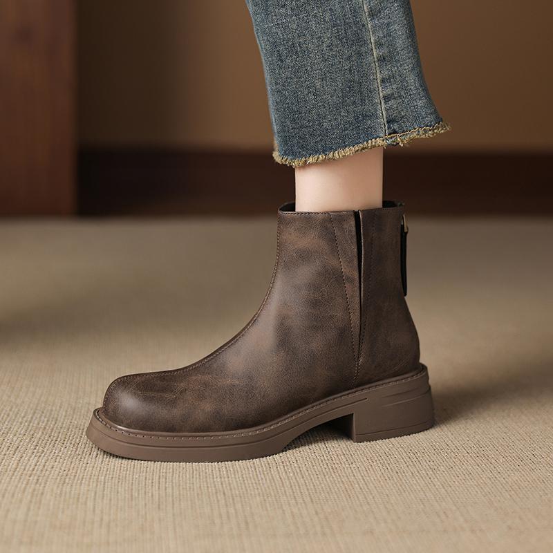 Fashion 2025 NEW Autumn Women Boots Split Leather Women Shoes Round Toe Chunky Heel Shoes Chelsea Boots Daily Shoes Platform Short Boots