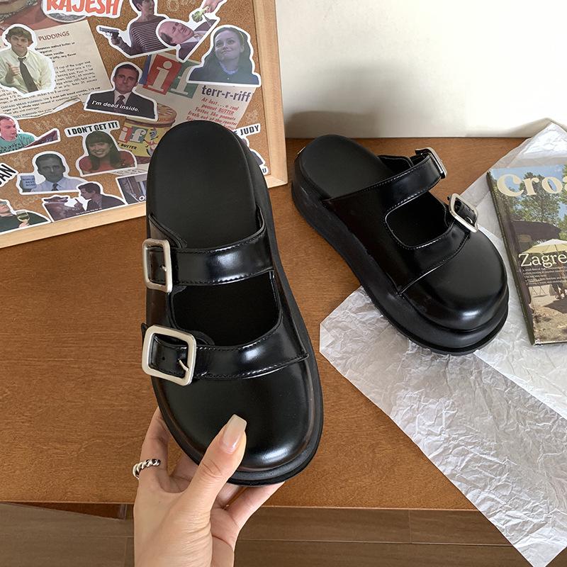 Internet celebrities ins denim thick-soled heightening bag head slippers women's summer wear 2025 new retro half-drag Birkenstocks