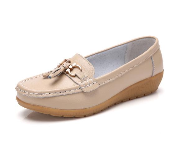 Spring Mother Shoes Single Shoes Hair Women Flat Bottom Women Doudou Flat Heel Leather Shoes Large Size Women'S Shoes