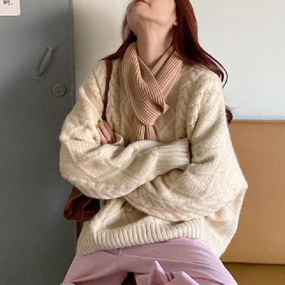 Casual Style Sweater Women's Autumn and Winter Loose Outer Wear Retro Sweet Thick Wool Thickened Pullover Twist Knitted Sweater