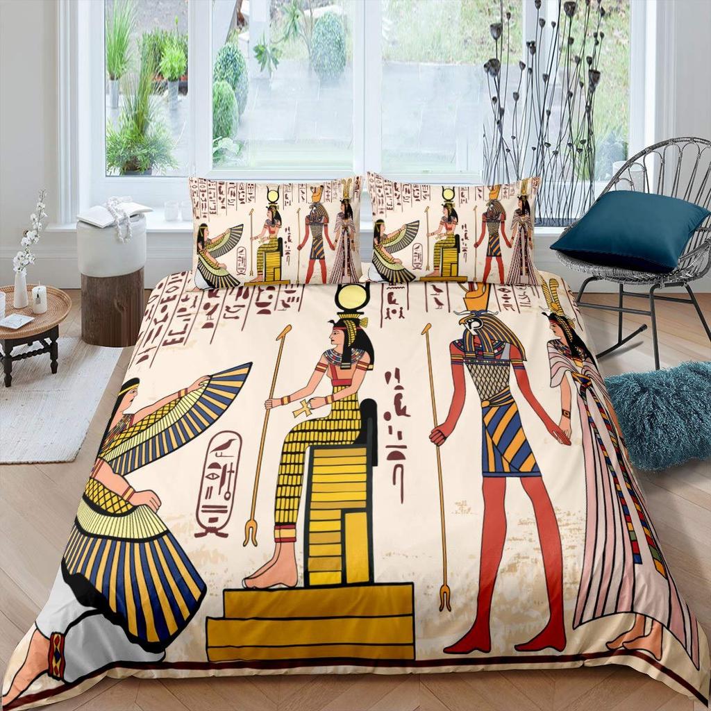 Ancient Egypt Duvet Cover Set Egyptian Symbol Bedding Set Vintage Pharaoh Pyramid Boho Tribal Polyester Quilt Cover 2/3pcs Queen