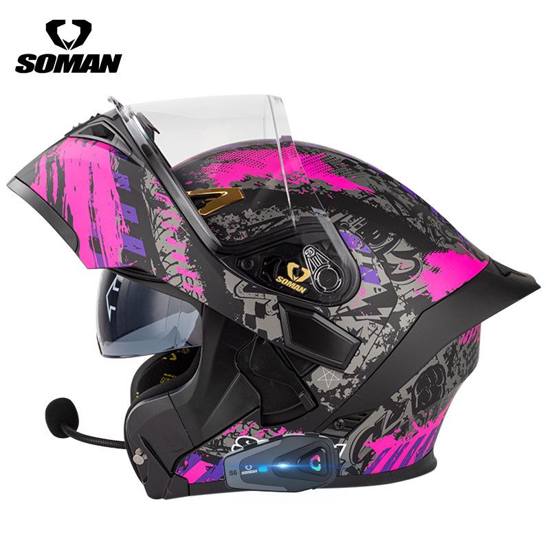 SOMAN Bluetooth Motorcycle Helmet with Double Lens and Flip-Up Design for All Seasons
