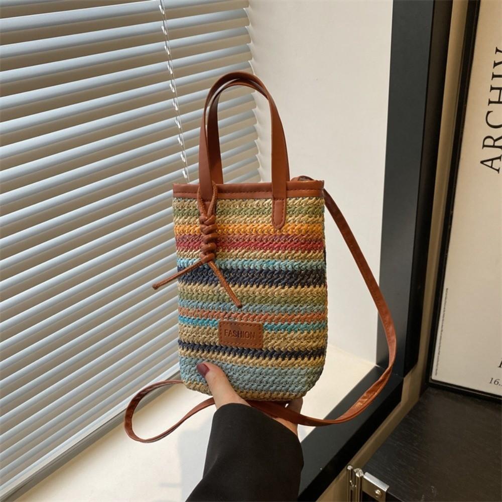 Fashion Contrasting Color Straw Messenger Bag All-match Light Weight Straw Crossbody Bag High Capacity Weave Beach Bag Daily Use