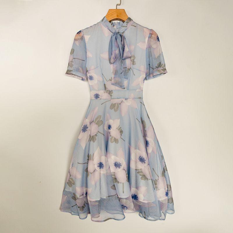 

Summer Export K-style New Arrival Print Simple Anti-Aging a Version Slim Looking round Neck Tied Short Sleeve Dress Light blue bottom light purple flower S
