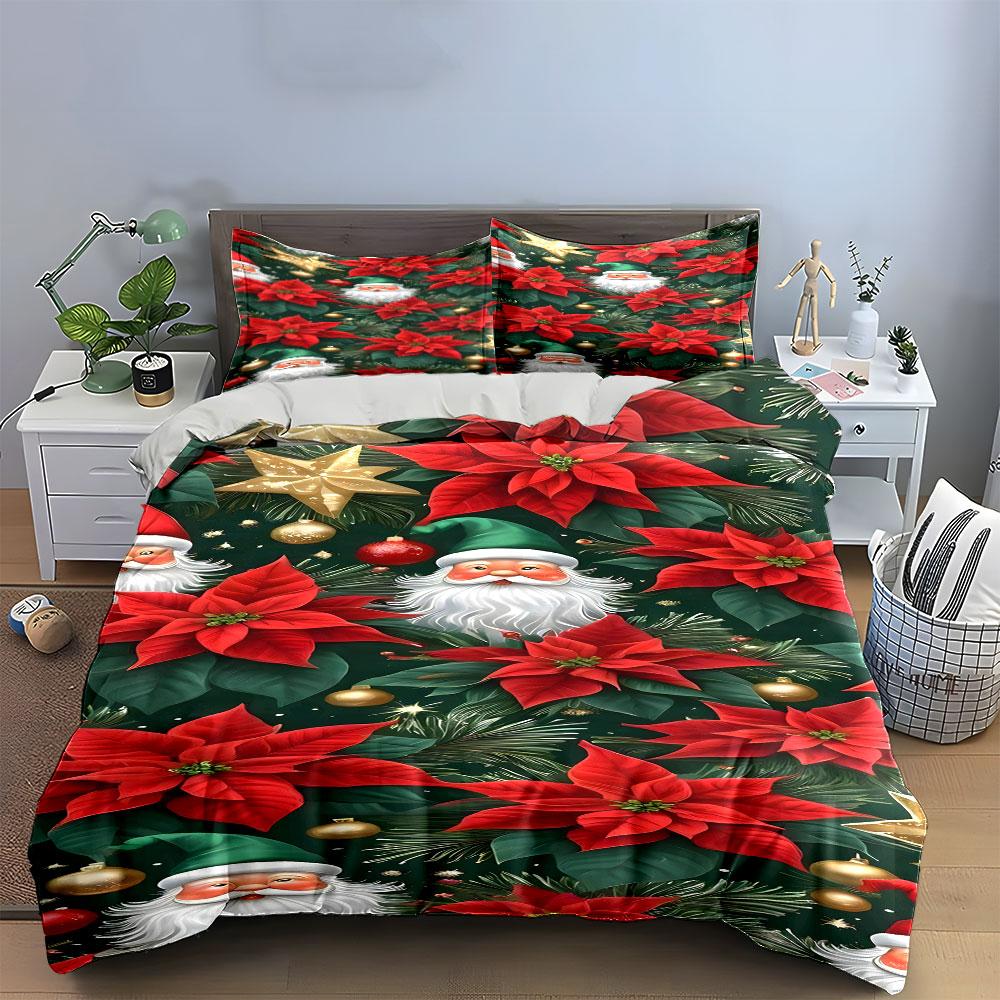 Festive Blooms & Cheerful Santa Bedding Sets Duvet Covers Pillowcases(1* Duvet Cover 2* Pillowcases Without Duvet Insert)