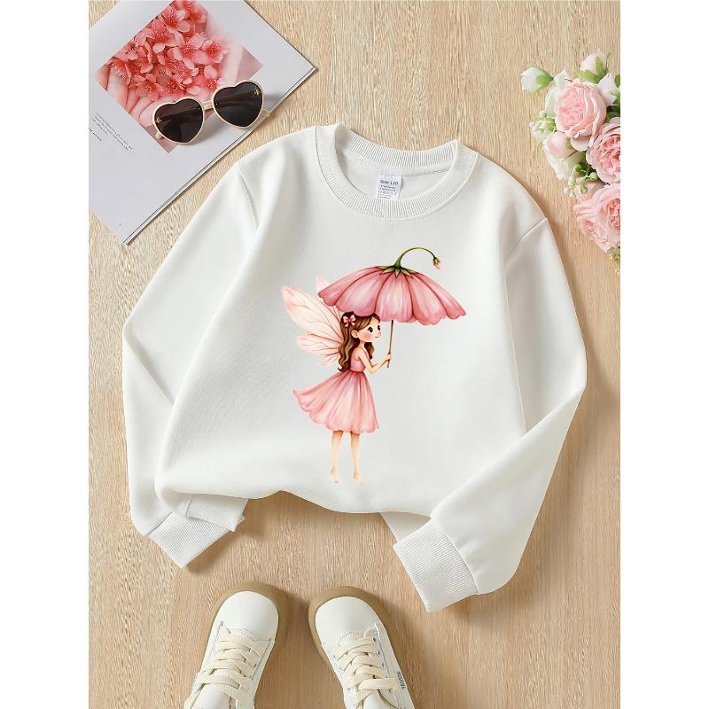 Felpa girocollo da bambina - Fata con ombrello a fiore Rosa Lavabile in lavatrice, Primavera e Autunno, Abbigliamento sportivo e casual